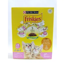 Friskies junior avec un délicieux mélange de poulet et de dinde et des légumes avec du lait 300g